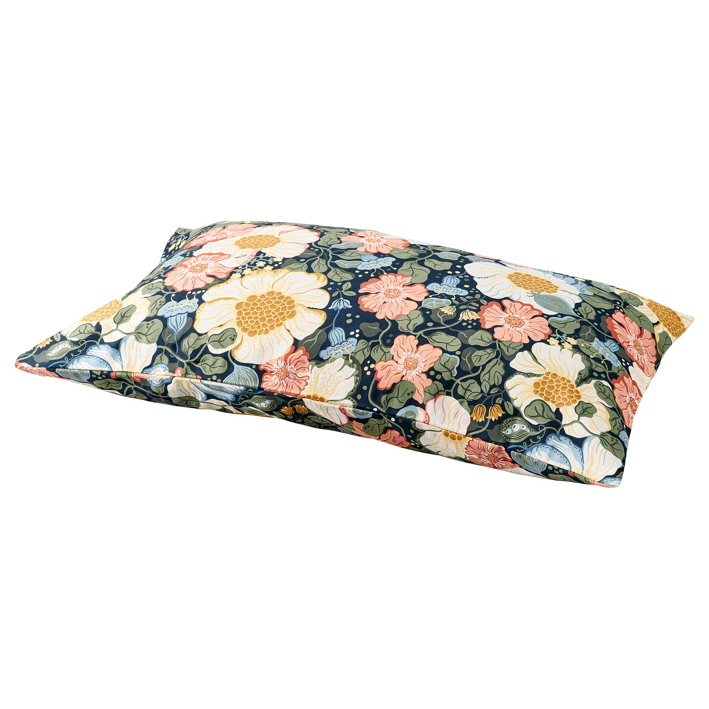 Rectangular ARENBOK pillow, dark blue with colourful floral prints, 50% cotton, 50% lyocell, elegant home decor.