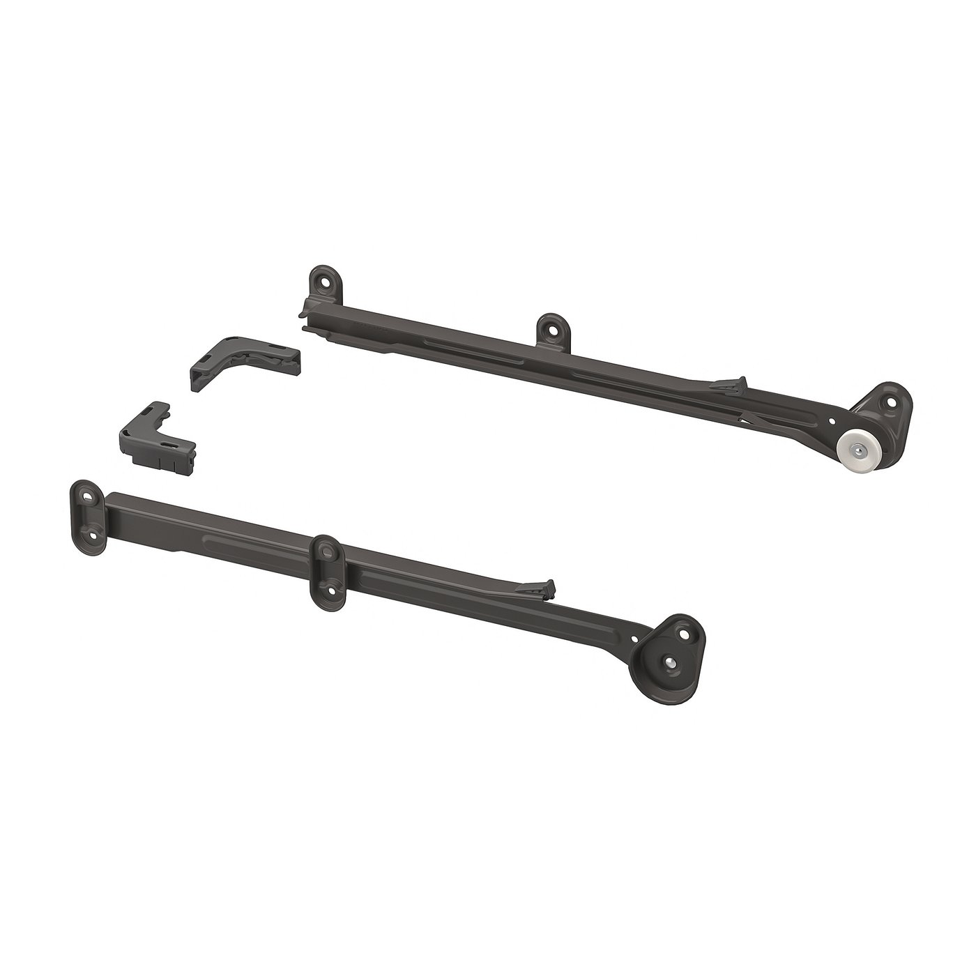 Black metal storage system with wheels and brackets.