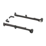 Black metal storage system with wheels and brackets.