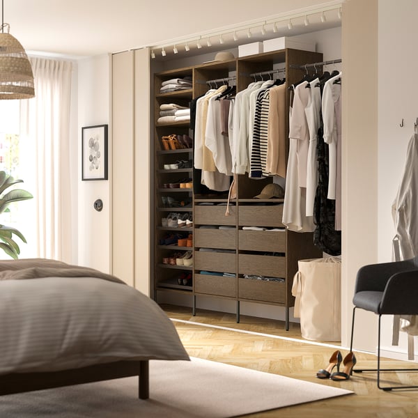 AURDAL Wardrobe combination, brown stained oak veneer/dark gray, 95 1/8-108 1/8x15 3/4x87 "