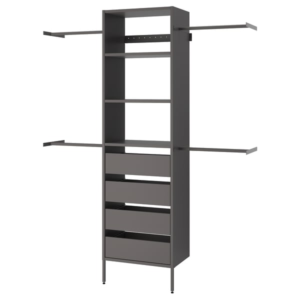 Modern AURDAL closet system in grey with shelves, drawers and extendable rails for efficient storage.