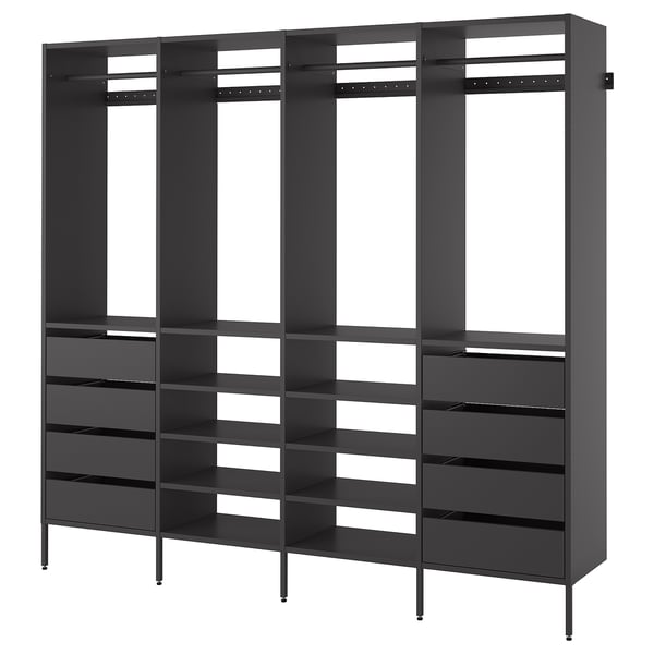 Black AURDAL storage system, modular, metal & particleboard, adjustable shelves & rails.