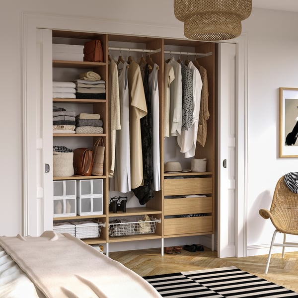 AURDAL Wardrobe combination, oak veneer/white, 74 3/4x15 3/4x87 "