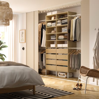 AURDAL Wardrobe combination, oak veneer/white, 92 1/8-118 1/8x15 3/4x87 "
