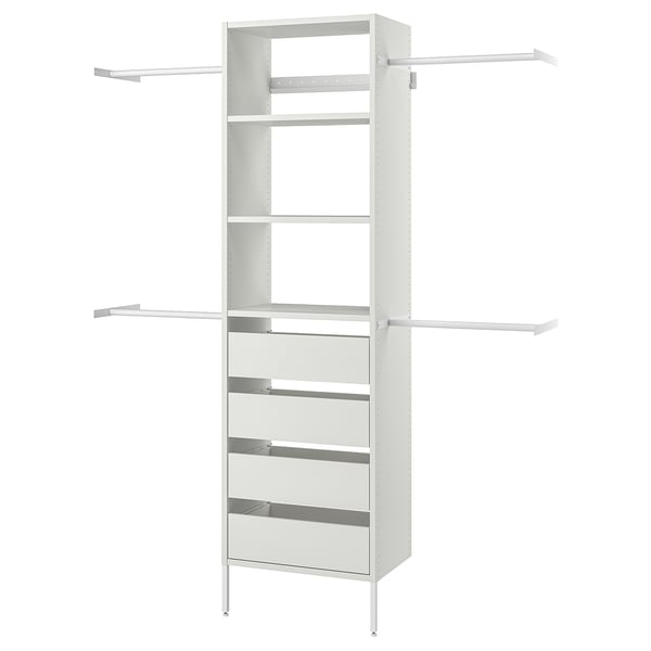 White AURDAL closet unit: adjustable shelves & rails, mix of open & drawer storage, sturdy metal & particleboard design.