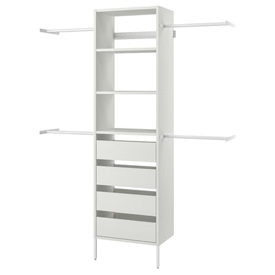 White AURDAL closet unit: adjustable shelves & rails, mix of open & drawer storage, sturdy metal & particleboard design.