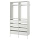 A white AURDAL storage system with adjustable shelves for clothes and shoes. It a sleek, modern design with a steel frame and particleboard shelves.