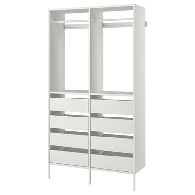 A white AURDAL storage system with adjustable shelves for clothes and shoes. It a sleek, modern design with a steel frame and particleboard shelves.