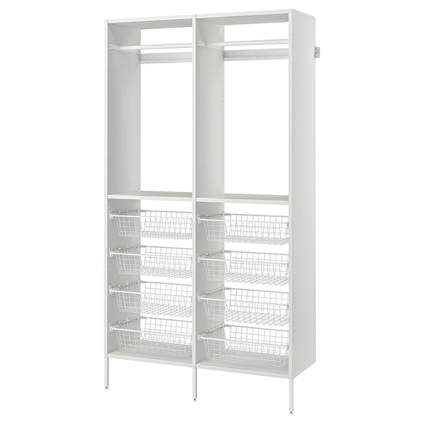 White AURDAL closet organiser with multiple shelves and wire baskets for storage.