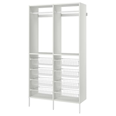 White AURDAL closet organiser with multiple shelves and wire baskets for storage.