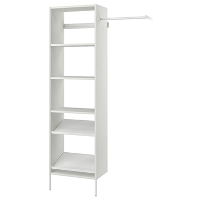 A white AURDAL closet organiser with adjustable shelves and a clothes rail, made of steel and particleboard.