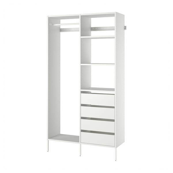 AURDAL white closet system: 3 shelves, 4 drawers, metal frame.