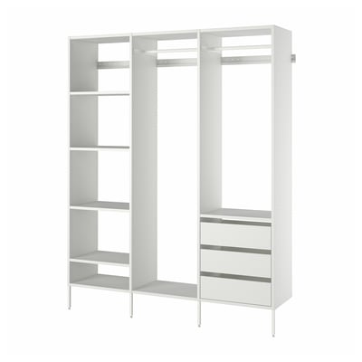 White AURDAL closet system, adjustable shelves, drawers, metal and wood frame.