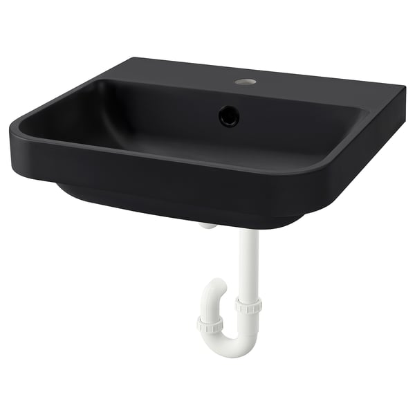 BACKSJÖN black sink, sleek design, wall-mounted, dark marble, smooth edges.
