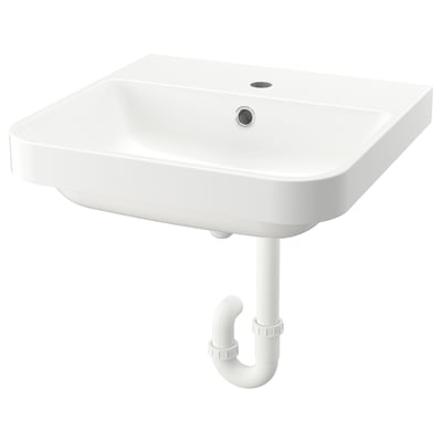 White BACKSJÖN wall sink, sleek marble bowl with single tap.