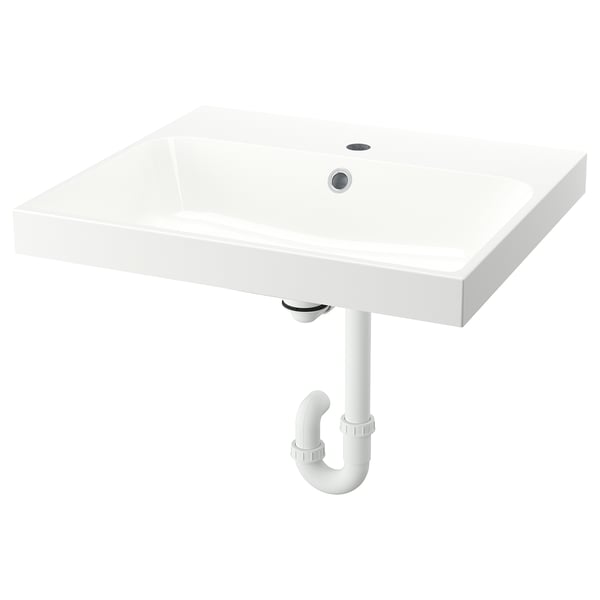 The BACKSJÖN white marble sink with sleek, modern design. Mounted on a wall with visible piping.