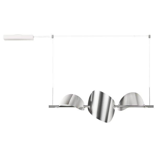 BACKSTÖRN lamp. White, metallic. Modern, sleek, and minimalist. Two chrome blades. Adaptable for dining and bar tables.