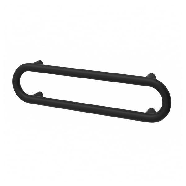 Black BÄSINGEN towel rail, sleek oval shape, dark grey, powder-coated steel, no sharp corners.