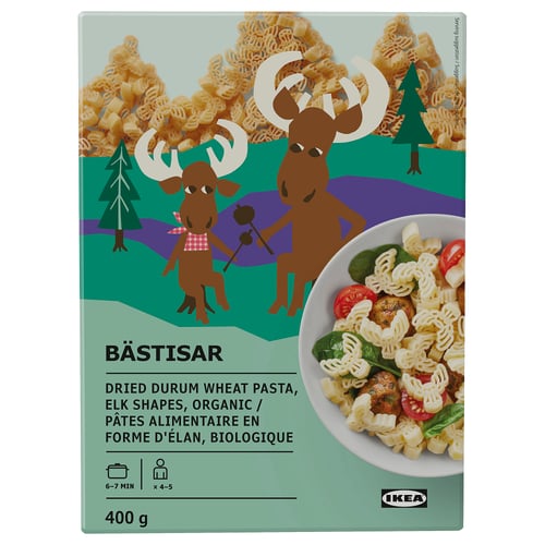 IKEA BÄSTISAR packaging: elk-shaped durum wheat pasta. 400g organic, cook 6-7 min.