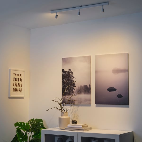 Modern minimalist living room. BÄVE ceiling light, art, plant, books.