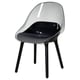 Clear plastic chair with black cushion, four black legs, modern design.