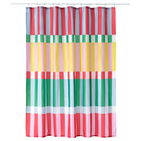 BANJANTRÄD shower curtain. Multi-color blocks. Recycled polyester. Rectangular shape. Fresh bathroom decor.
