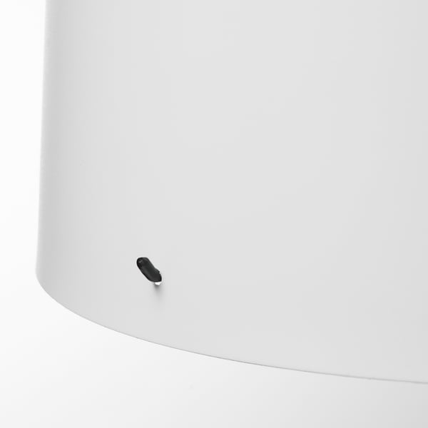 Modern white table lamp; clean design, plastic base; assembled easily.