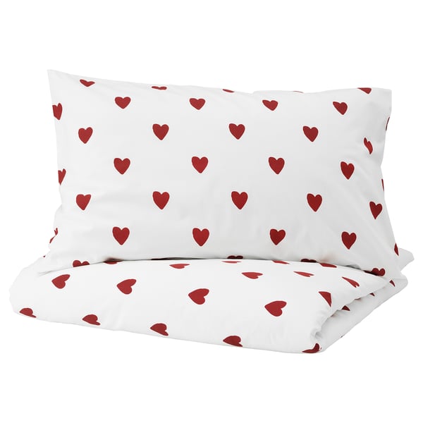 BARNDRÖM Duvet cover and pillowcase, heart pattern/white red, Twin