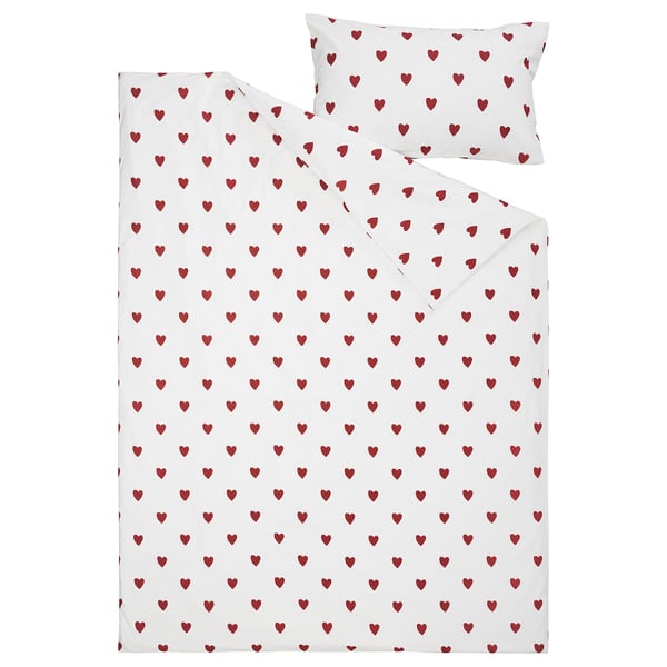 BARNDRÖM Duvet cover and pillowcase, heart pattern/white red, Twin