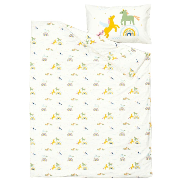 Barndrom bedding: colourful unicorn and rainbow pattern, 100% cotton, white with pastels.