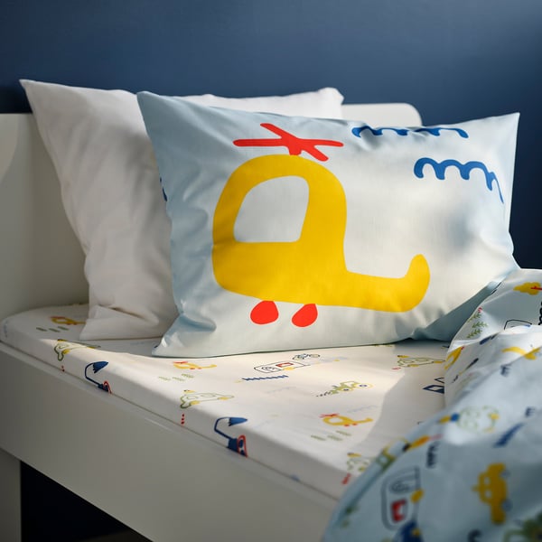 BARNDRÖM Fitted sheet, white/vehicles pattern