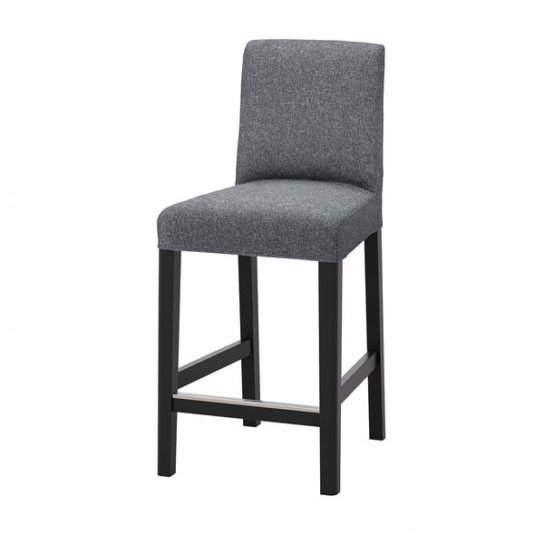 The BERGMUND barstool a grey fabric seat and backrest on black metal legs, designed for comfort with a modern look.