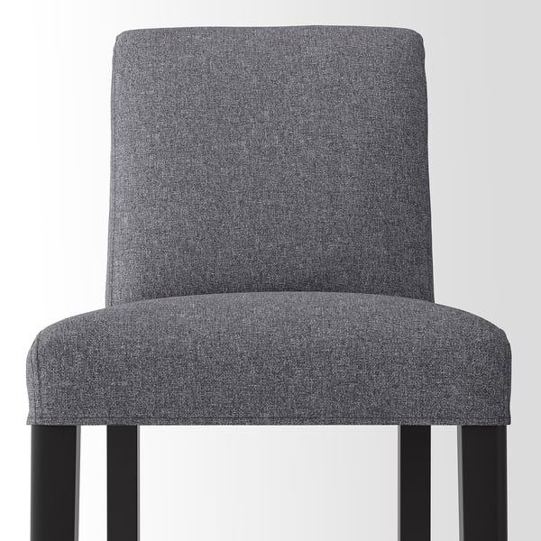 Modern grey upholstered barstool with sleek black legs, offering cushioned comfort and support.
