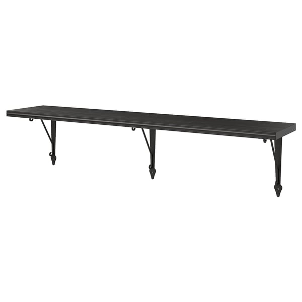 Black wall-mounted shelf with bevelled edge and 3 metal brackets.