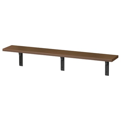 Ikea BERGSHULT wall shelf, brown, wood & metal, rectangular with angled edge.