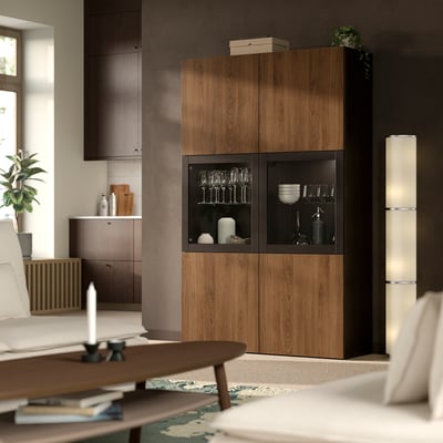 BESTÅ Storage combination w/glass doors, black-brown Lappviken/brown walnut effect, 47 1/4x16 1/2x76 "