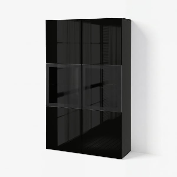 BESTÅ Storage combination w/glass doors, black-brown/Selsviken high gloss/black clear glass, 47 1/4x16 1/2x76 "