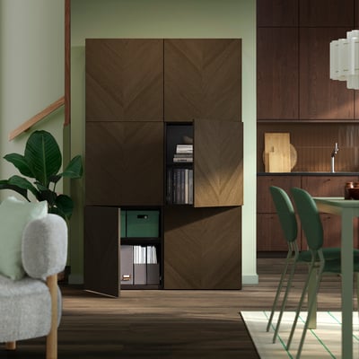 BESTÅ Storage combination with doors, black-brown/Hedeviken brown stained oak veneer, 47 1/4x16 1/2x76 "