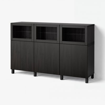 BESTÅ Storage combination with doors, black-brown Lappviken/Sindvik black-brown clear glass, 70 7/8x16 1/2x44 1/8 "