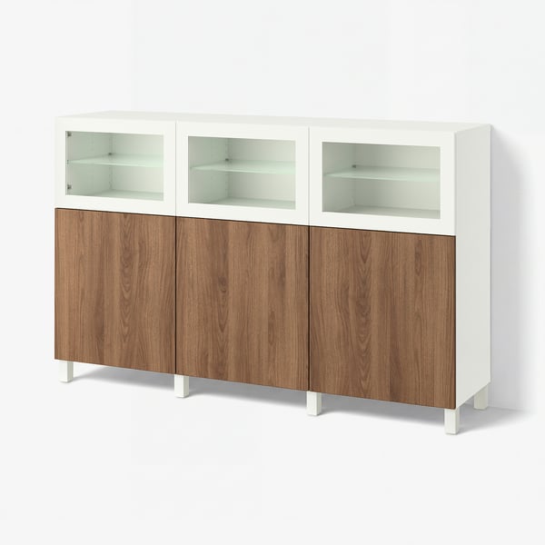 BESTÅ Storage combination with doors, white Lappviken/brown walnut effect, 70 7/8x16 1/2x44 1/8 "