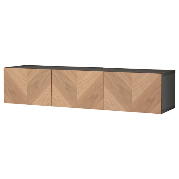 Wall-mounted wooden tv bench with three sections and soft-closing doors in light oak finish.