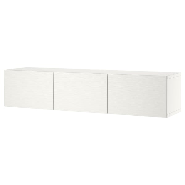 A white BESTÅ tv bench. Its rectangular with three doors, offering storage. The design is minimalist and modern, suitable for wall mounting.