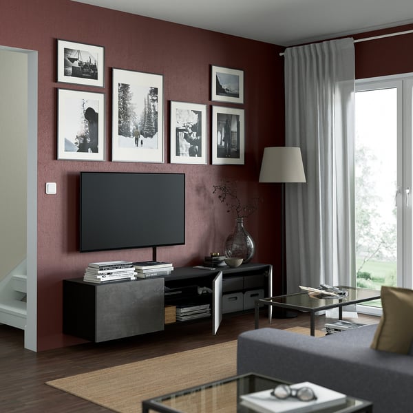 Modern room: BESTÅ tv bench, sofa, coffee table, window.