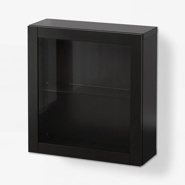 BESTÅ Wall-mounted cabinet combination, black-brown/Sindvik black-brown clear glass, 23 5/8x8 5/8x25 1/4 "