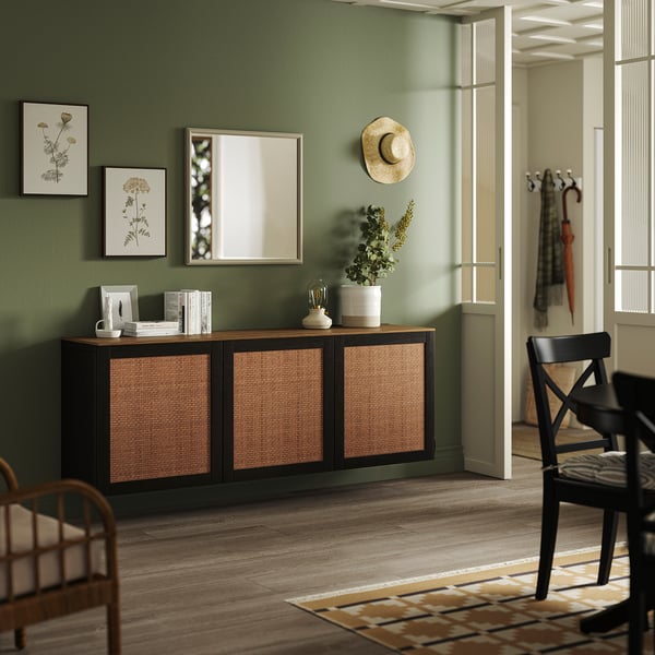 BESTÅ Wall-mounted cabinet combination, black-brown Studsviken/dark brown woven poplar, 70 7/8x16 1/2x26 "