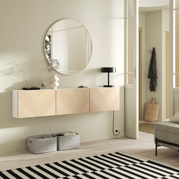 BESTÅ Wall-mounted cabinet combination, white/Hedeviken ash veneer, 70 7/8x8 5/8x15 "