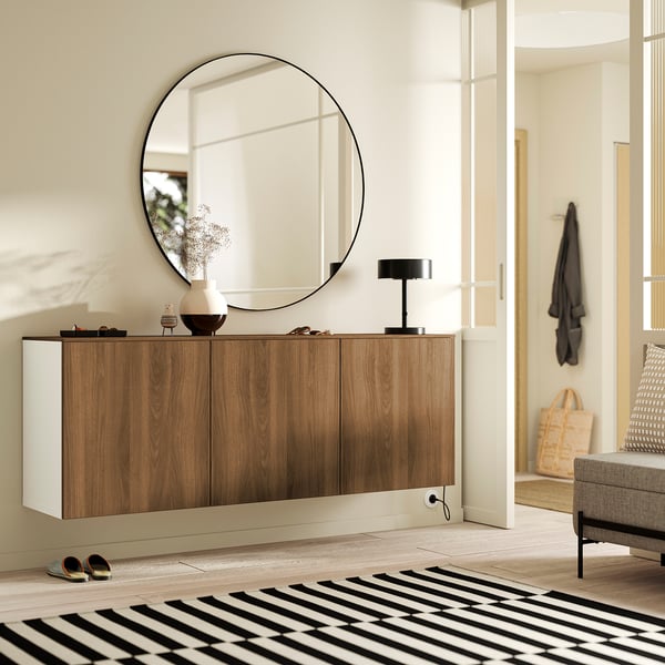 BESTÅ Wall-mounted cabinet combination, white Lappviken/brown walnut effect, 70 7/8x16 1/2x25 5/8 "
