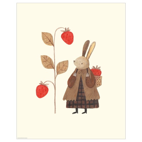 An illustrated rabbit carrying a basket of strawberries. The rabbit wears a brown dress. The background is plain white.