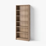 A tall, light brown BILLY bookcase with six empty shelves against a white wall. It has a simple and sleek design with a wood-like texture.