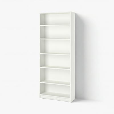 A tall, white, rectangular BILLY bookcase with open shelves.